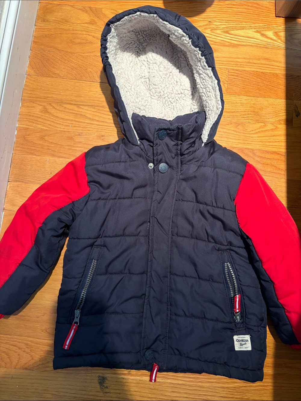 OshKosh B'gosh boys Navy and Red Puffer winter Jacket with Hood